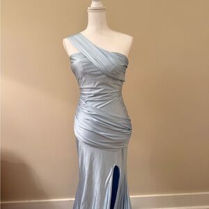 Asymmetrical One-Shoulder Light Blue Satin Evening Dress